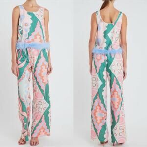 English Factory Abstract Print Feather Trim Top and Pants size S small